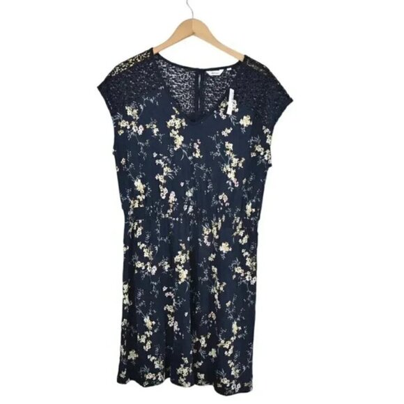 NWT Reitman's Elastic Waist Printed Dress With Crochet Inserts Navy Blue Large - Picture 4 of 13